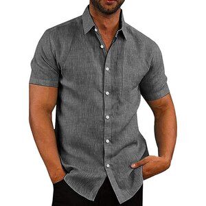 Men's Black Casual Button Down Shirts Short Sleeve Linen Dress Shirt